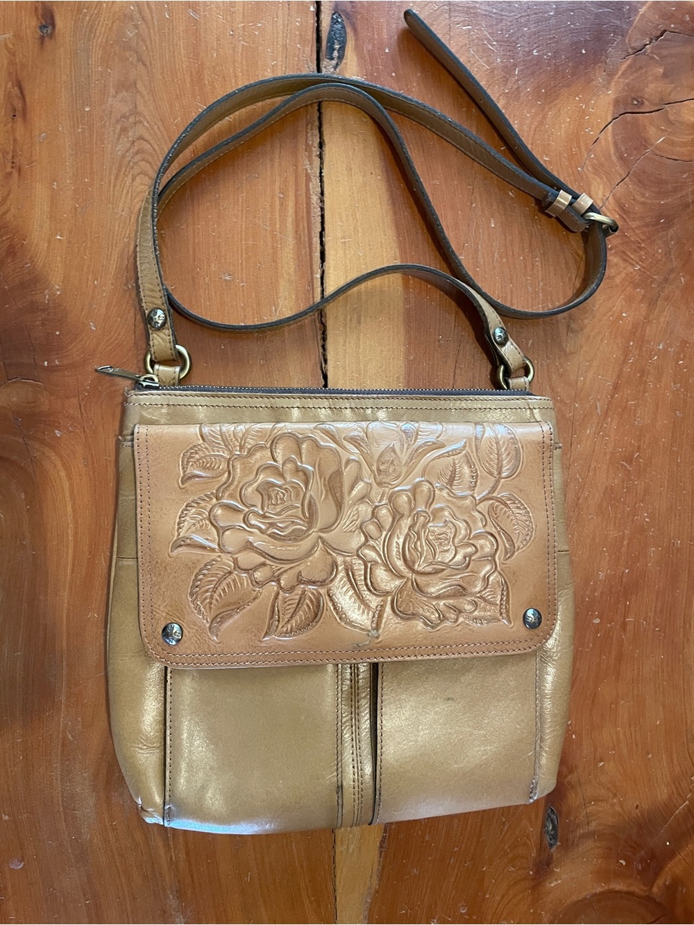Patricia Nash Tan Floral Tooled Leather Crossbody with Gold Body